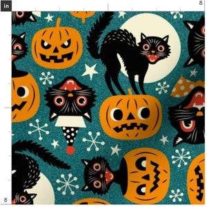 Spooky Vintage Cats And Pumpkins Halloween Fabric By The Yard | Retro Halloween | Black Cats | Jack O Lantern | Custom Fabric