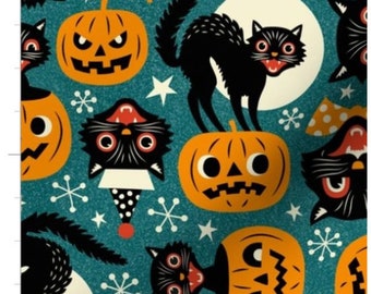 Spooky Vintage Cats And Pumpkins Halloween Fabric By The Yard | Retro Halloween | Black Cats | Jack O Lantern | Custom Fabric