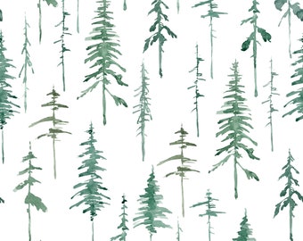 Pinos de acuarela / Tela de pino / Tela de bosque / Tela de árbol forestal / Árboles verdes / Tela hecha a pedido cortada a medida / Orgánica