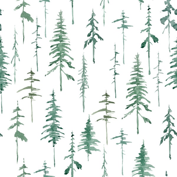 Watercolor Pines | Pine Tree Fabric | Woodland Fabric | Forest Tree Fabric | Green Trees | Made To Order Fabric By The Yard | Organic