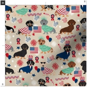 Tan 4th Of July Dachshund Fabric By The Yard | Doxie Fabric | Flowers Dog | Dog Head Print | Made To Order Fabric By The Yard