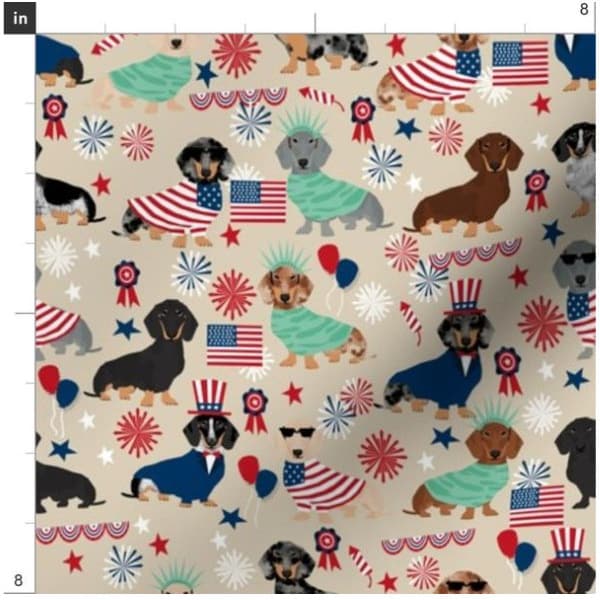 Tan 4th Of July Dachshund Fabric By The Yard | Doxie Fabric | Flowers Dog | Dog Head Print | Made To Order Fabric By The Yard