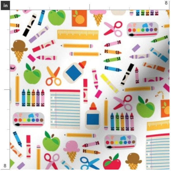Small Aloha School Days Fabric By The Yard | Back To School Fabric | Markers | Crayons | Scissors | Glue | Paint | Print To Order Fabric