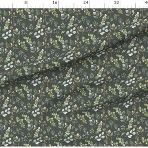 May include: A seamless pattern featuring a repeating design of watercolor eucalyptus leaves in shades of green, gray, and white on a dark green background.
