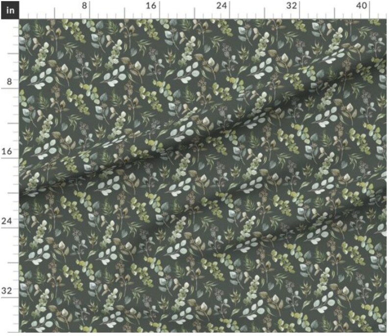 May include: A seamless pattern featuring a repeating design of watercolor eucalyptus leaves in shades of green, gray, and white on a dark green background.