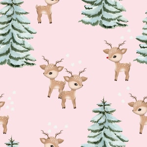 Rudolph And Friends on Pink | Christmas Fabric By The Yard | Reindeer | Pink Christmas | Winter Forest | Rudolph Fabric | Print To Order