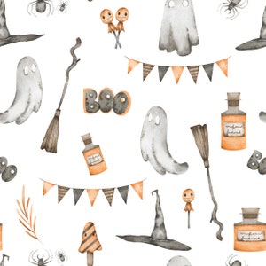 Witchy Ghosts On White | Halloween Stoff Massenlager | Geister | Hexenbesen | Spinnen | Hexenhut | Boo | Benutzerdefinierter Stoff | Aquarell