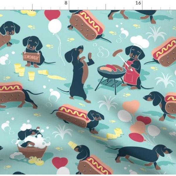 Hot Dogs And Lemonade Dachshund Fabric By The Yard | Doxie Fabric | Weiner Dog | Summer Doxie | Dog Fabric | Made To Order