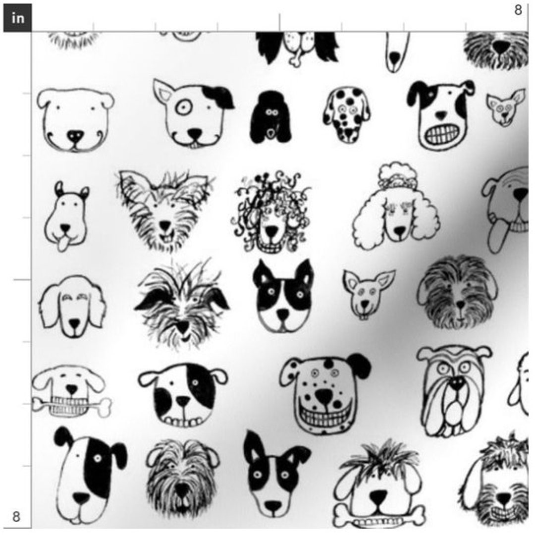 Black and White Sketch Dogs Fabric by the Yard Puppy Fabric Dog Lover