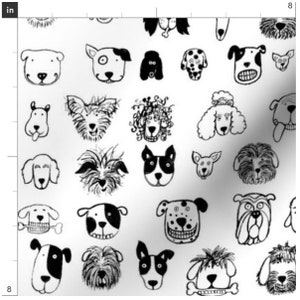 Black And White Sketch Dogs Fabric By The Yard | Puppy Fabric | Dog Lover | Dog Head Print | Made To Order Fabric By The Yard
