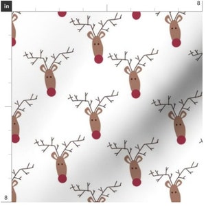 Stick Rudolph On White Fabric By The Yard | Cute Reindeer Fabric | Christmas | Animal Fabric | Made To Order Fabric | Winter | Woodland