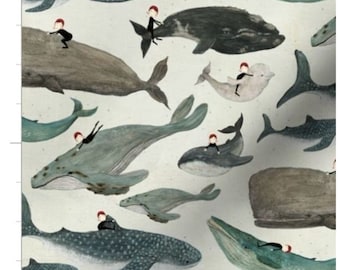 Whale Rider Fabric By The Yard | Whale Fabric | Ocean Fabric | Under the Sea | Muted Watercolor Whales | Made To Order Fabric By The Yard