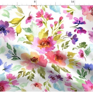 Flower Colorful Fabric By The Yard | Floral Fabric | Watercolor Flowers | Pink Watercolor Florals | Made To Order Fabric | Organic