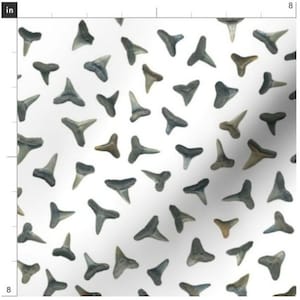 May include: A white background with a repeating pattern of gray shark teeth. The teeth are all different sizes and shapes, but they are all triangular.