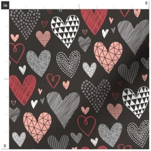 Geometric Hearts On Black Valentine Fabric By The Yard | Red Pink Grey Hearts | Valentine&#39;s Day Fabric | Made To Order Fabric