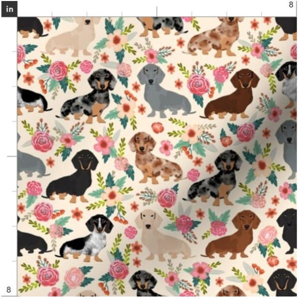 Vintage Floral Dachshund Fabric By The Yard | Doxie Fabric | Flowers Dog | Dog Head Print | Made To Order Fabric By The Yard