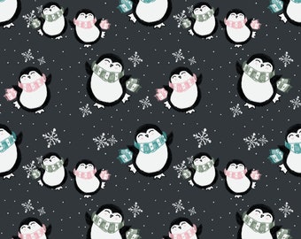 Snow Party At Dark Penguin Fabric By The Yard | Penguins and Snowflakes | Winter | Christmas | Holiday | Made To Order