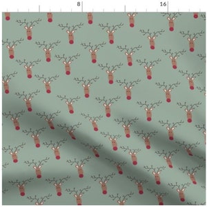 Stick Rudolph on Green Fabric by the Yard | Cute Reindeer Fabric ...