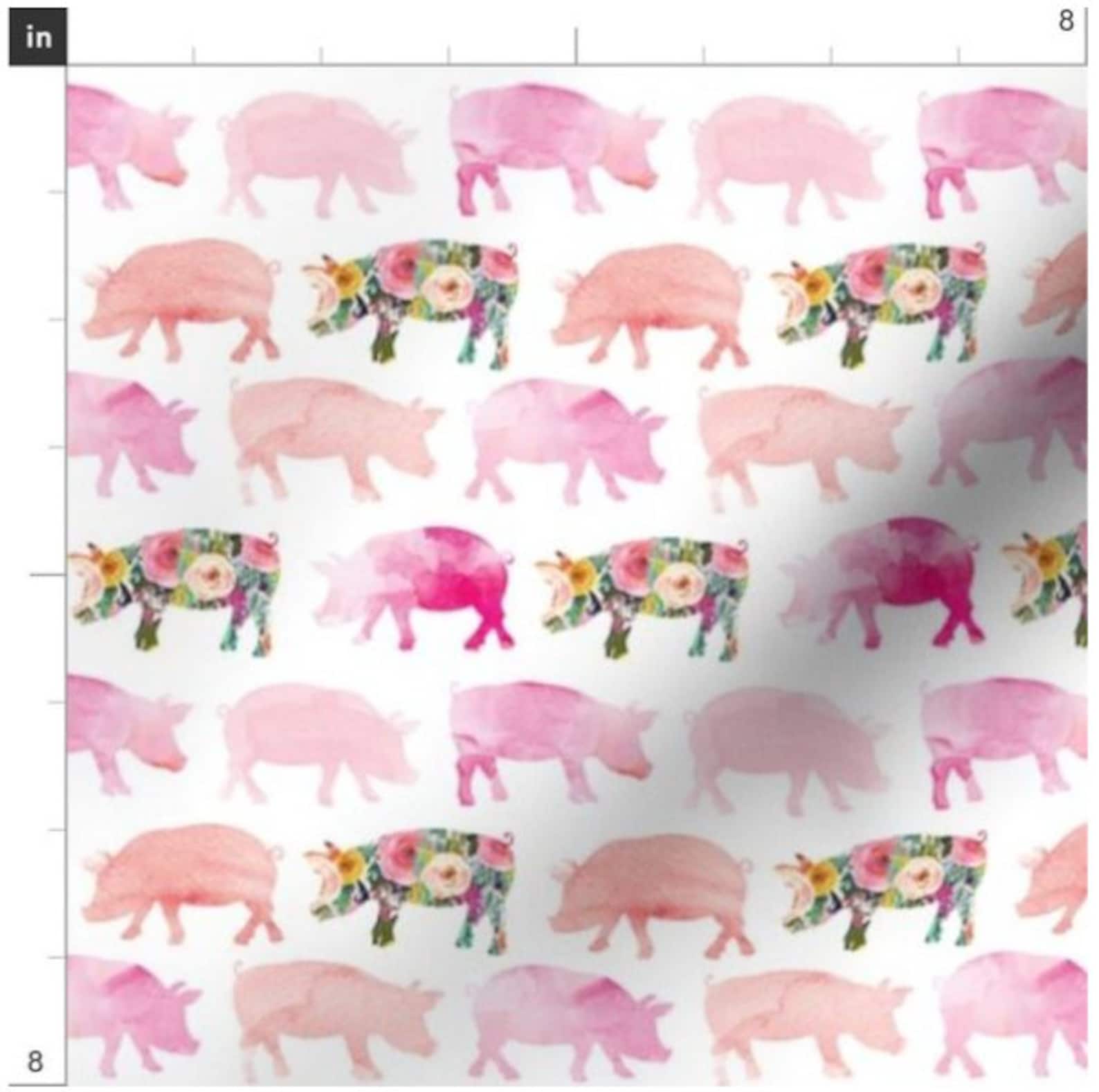 Floral Watercolor Pigs Fabric By The Yard Pig Fabric Made Etsy