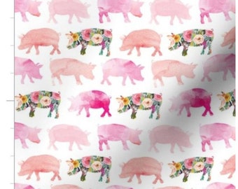 Tessuto di maiali ad acquerello floreale tagliato su misura / Tessuto di maiale / Tessuto su misura tagliato su misura / Tessuto organico / Tessuto animale da fattoria / Piggies