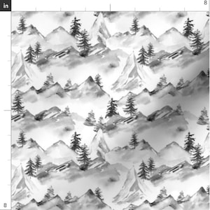 May include: A seamless pattern featuring a black and white watercolor illustration of a mountain range with trees. The mountains are depicted in a stylized, abstract style, with soft, flowing lines and washes of color. The trees are also stylized, with simple, rounded shapes.