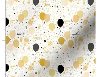 May include: A white background with a repeating pattern of gold and black balloons, champagne bottles, glasses, confetti, and the words "new year", "happy", and "year".