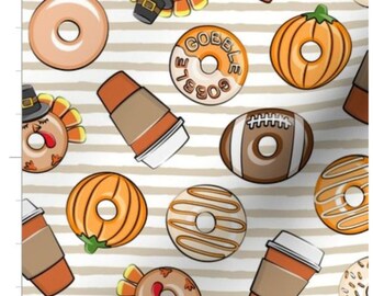 Thanksgiving Donuts And Coffee Fabric By The Yard | Pumpkins | Maple Donut | Pumpkin Donuts | Fall | Thanksgiving | Autumn Harvest | Custom