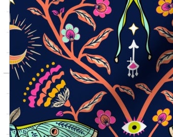 Tkanina w kwiaty w stylu damaskowym „Wiosenna noc Luna Moth” cięta na wymiar | Tkanina w kwiaty | Tkanina w kwiaty w kolorze ciemnej wiosny | Tkanina w kwiaty w kolorze motyli | Druk na zamówienie