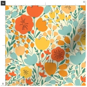 Orange And Teal Flowers Fabric By The Yard | Floral Fabric | Bright Flowers | Modern Flowers | Made To Order Fabric By The Yard | Organic