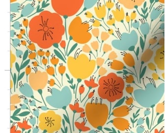 May include: A seamless pattern featuring a variety of stylized flowers in shades of orange, yellow, blue, and green on a cream background.