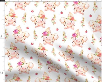 Miss Piglet - Baby Girl Pig with Flowers & Apples - LARGER Scale | Pig Fabric | Made To Order Fabric By The Yard | Organic Fabric