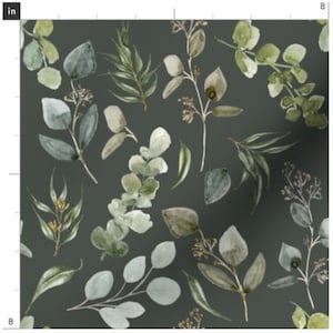 May include: A seamless pattern featuring watercolor illustrations of eucalyptus leaves and branches in shades of green on a dark gray background.