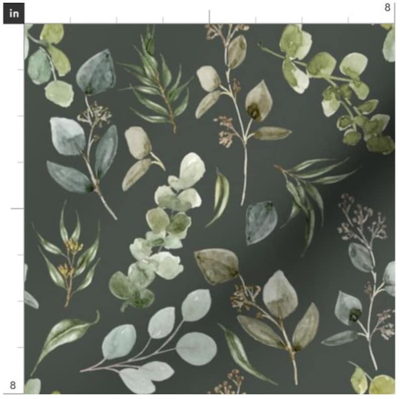 May include: A seamless pattern featuring watercolor illustrations of eucalyptus leaves and branches in shades of green on a dark gray background.