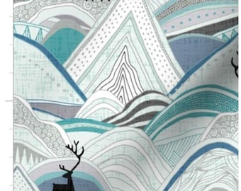 Blue Caribou Mountains Fabric By The Yard | Mountain Fabric | Woodland Fabric | Outdoor Mountains Fabric | Made To Order Fabric | Organic