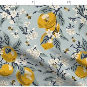 Large Bees And Lemons | Citrus Fabric By The Yard | Floral Fabric | Honey Bees | Lemons | Citrus Fruit Fabric | Made To Order | Organic