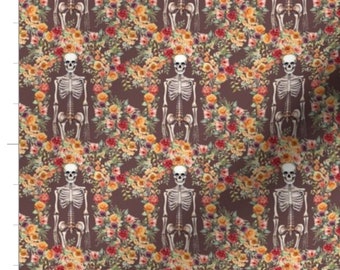 Halloween Fabric By The Yard | Floral Skeleton on Purple | Floral Halloween | Boho Skeleton