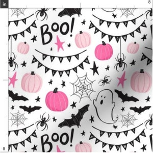 Cute Pink Pumpkins And Ghosts Halloween Fabric By The Yard | Black Bats | Ghosts | Halloween Streamers | Magic | Custom Fabric