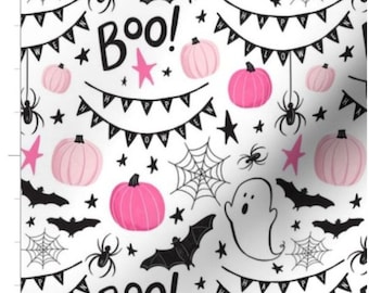 Pink Pumpkins and Ghosts Halloween Fabric: Bats, Streamers