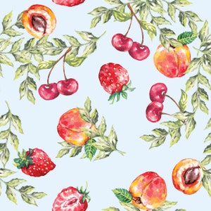 Peut inclure: Une illustration aquarelle d'un motif sans couture représentant divers fruits, notamment des pêches, des cerises et des fraises. Les fruits sont représentés dans des tons de rouge, de rose et de jaune, et sont disposés sur un fond bleu clair.