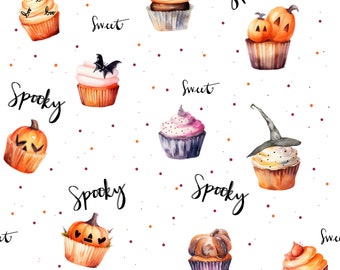 Halloween Fabric By The Yard | Spooky Sweet | Watercolor Halloween Fabric | Halloween Cupcakes | Halloween Candy