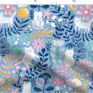 Big Spring White Cats Fabric By The Yard | Cat Fabric | Kitten Lover | Watercolor Cat Fabric | Made To Order Fabric By The Yard