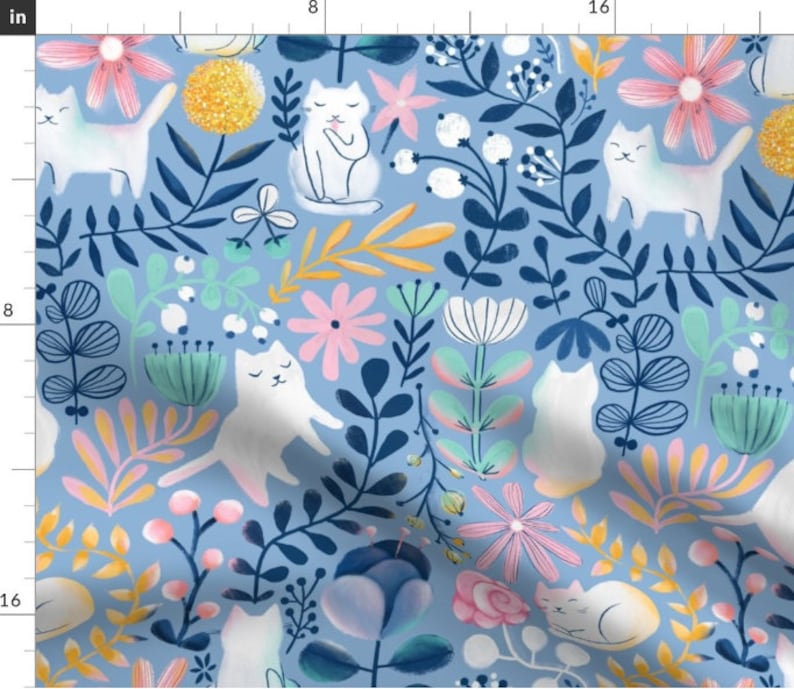 Big Spring White Cats Fabric By The Yard | Cat Fabric | Kitten Lover | Watercolor Cat Fabric | Made To Order Fabric By The Yard Fat Quarter
