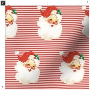 Vintage Santa On Red Stripes Fabric By The Yard | Christmas Fabric | Santa Claus | Holiday | Retro | Classic | Organic