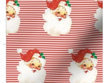 Vintage Santa On Red Stripes Fabric By The Yard | Christmas Fabric | Santa Claus | Holiday | Retro | Classic | Organic