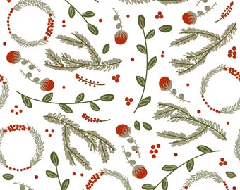 Holly Branches and Wreaths Christmas Fabric By The Yard | Christmas Greenery | Holiday Fabric