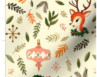 May include: A cream-colored fabric with a repeating pattern of stylized Christmas ornaments, reindeer, holly, and snowflakes. The ornaments are pink and white with a geometric design. The reindeer are brown with a red nose and antlers. The holly is green with red berries. The snowflakes are white and have a starburst design.