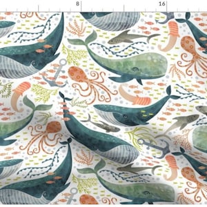 Nautical Sea Fabric By The Yard | Whale Fabric | Ocean Fabric | Octopus | Watercolor Whales | Made To Order Fabric By The Yard