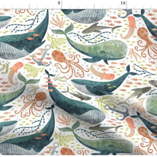 Tela de mar náutico cortada a medida / Tela de ballena / Tela de océano / Pulpo / Ballenas de acuarela / Tela hecha a medida cortada a medida