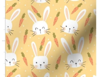 Bunnies And Carrots On Golden Fabric By The Yard | Easter Bunnies | Rabbits | Easter Fabric | Spring | Made To Order
