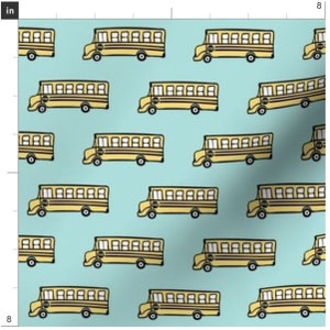 School Bus On Teal Fabric By The Yard | Back To School Fabric | Yellow School Bus | Print To Order Fabric